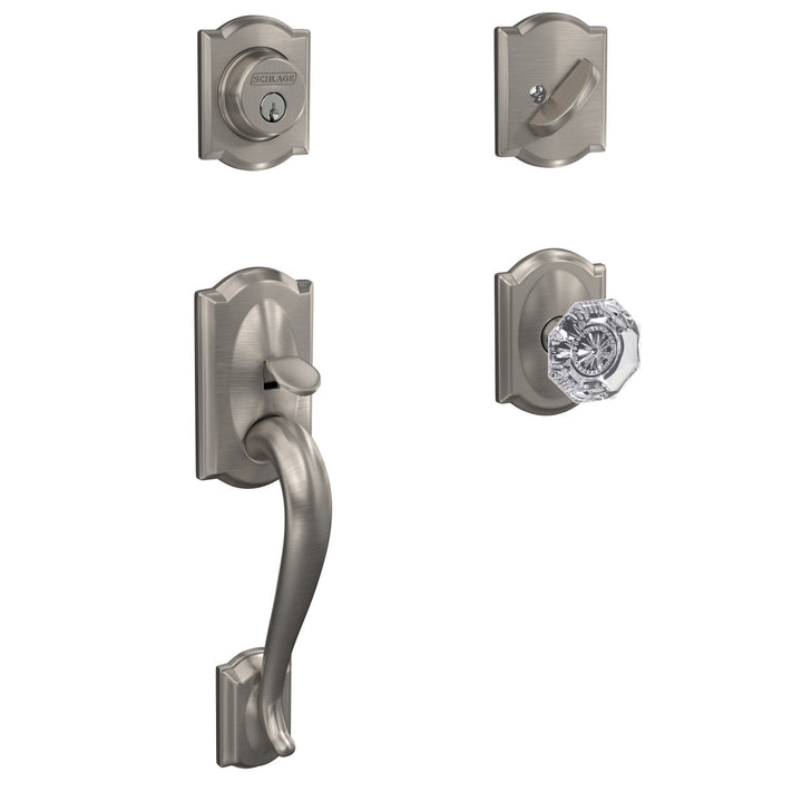 Custom Camelot Matte Black Single Cylinder Door Handleset with Alexandria Glass Door Knob with Camelot Trim