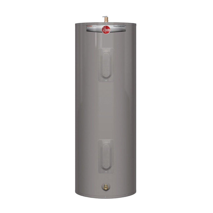 Rheem RE30T2RH95648583 30 gal. Tall 4.5kW 2-Element Residential Electric Water Heater shown centered on a square white background