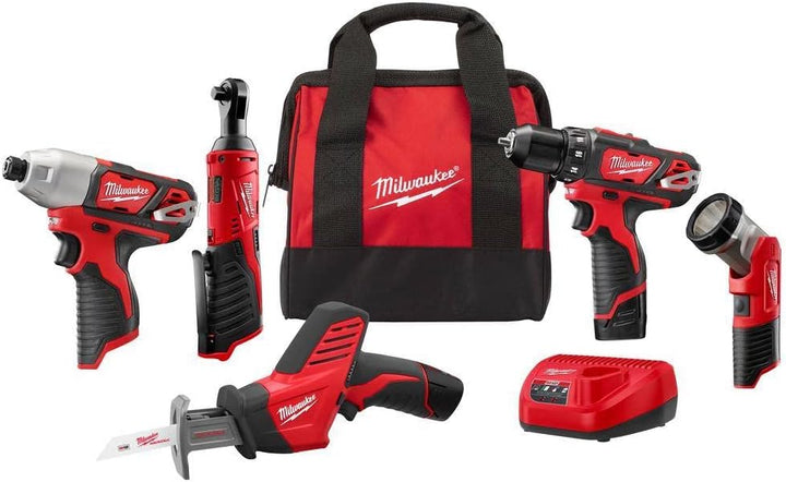 Milwaukee M12 12V Lithium-Ion Cordless Drill/Driver, Impact Driver, 3/8 in. Ratchet, HACKZALL Recip Saw & Worklight Combo Kit (5-Tool)