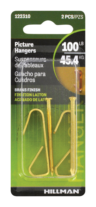 Hillman AnchorWire Brass-Plated Gold Conventional Picture Hanger, 100 lb Capacity, 2-Pack