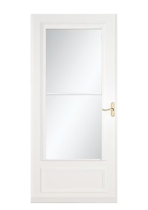 LARSON Savannah 36-in x 81-in White Mid-view Retractable Screen Wood Core Storm Door with Polished Brass Handle