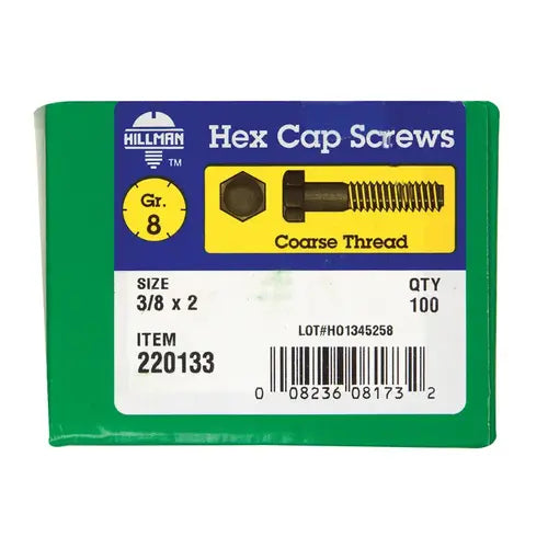 Hillman 3/8 in. x 2 in. Grade 8 Heat-Treated Steel Hex Head Cap Screws, Coarse Thread, 100-Pack