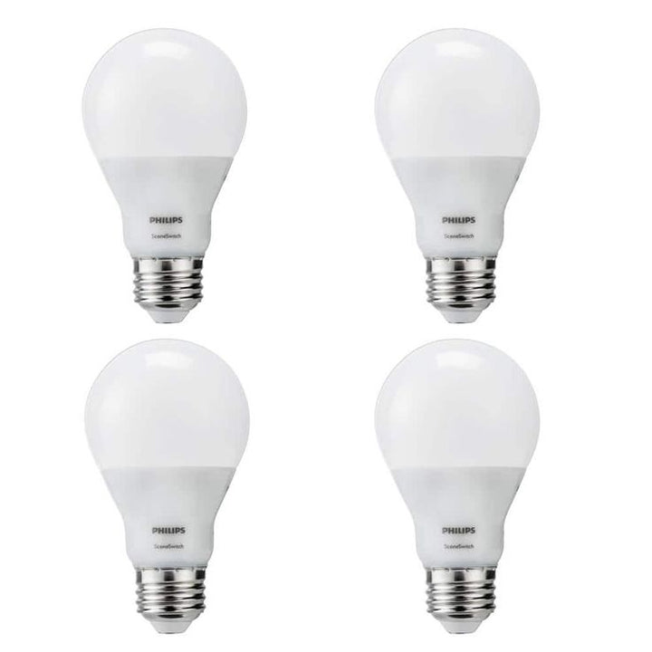 Philips 60-Watt Equivalent A19 SceneSwitch LED Light Bulb Soft White (2700K)/Amber (2500K)/ Warm Glow (2200K) (4-Pack)