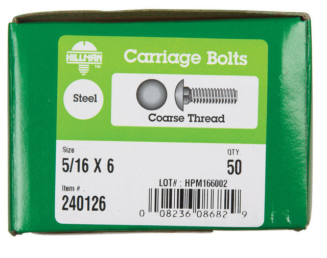Hillman 5/16 in. x 6 in. Zinc-Plated Steel Carriage Bolts, Coarse Thread, 50-Pack