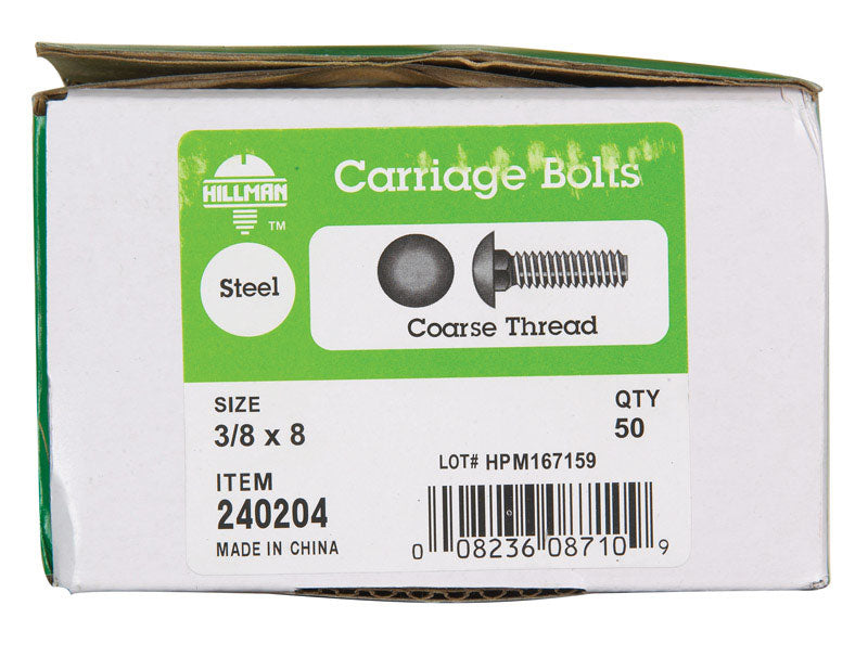 Hillman 3/8 in. x 8 in. Zinc-Plated Steel Carriage Bolts, Coarse Thread (50-Pack)