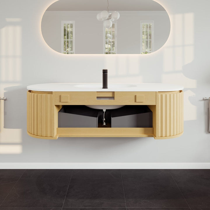 Eviva Haven 55"W x 22"D Natural Oak Wall Mount Bathroom Vanity with White Solid Surface Countertop and Integrated Sink