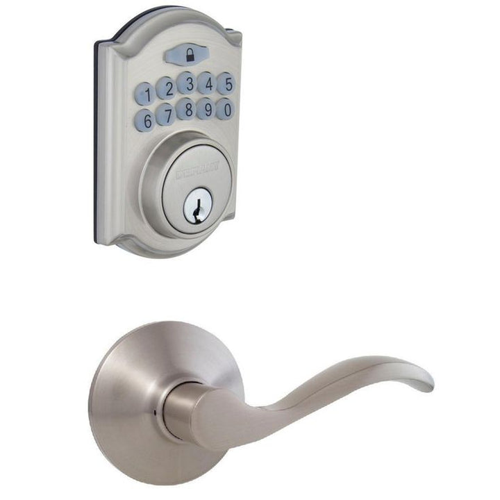 Castle Satin Nickel Electronic Single Cylinder Deadbolt with Naples Passage Lever Combo Pack