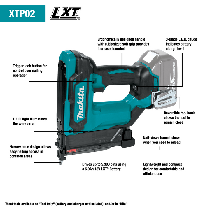 Makita 18V LXT Lithium‑Ion 23‑Gauge Cordless Pin Nailer, Tool‑Only (XTP02Z)