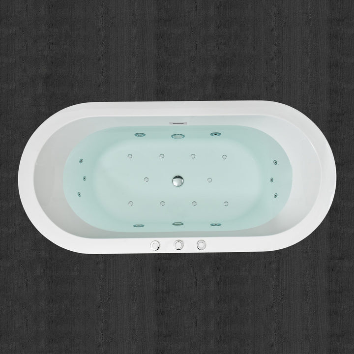 WOODBRIDGE 67 in. Acrylic Flatbottom Freestanding Whirlpool & Air Bathtub with Inline Heater, Drain and Overflow Included – White