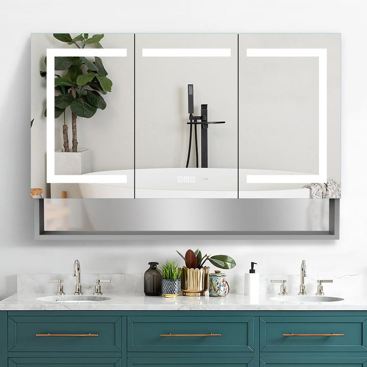 WELLFOR EX5 48-in x 32-in Lighted LED Fog Free Surface/Recessed Mount Silver Mirrored Soft Close Medicine Cabinet with Outlet