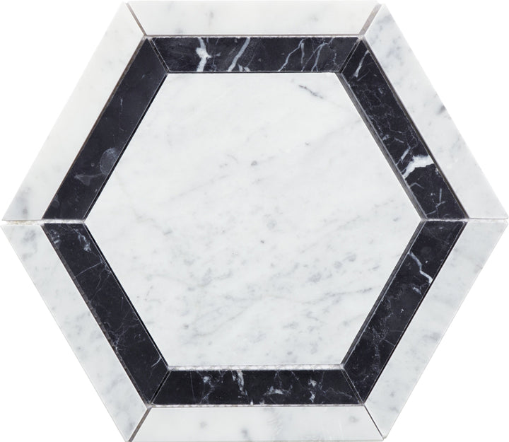 Satori 8-in x 8-in Polished Natural Marble Hexagon Floor and Wall Tile, Bianco Carrara White/Nero Marquina (4.8-sq ft/Carton)