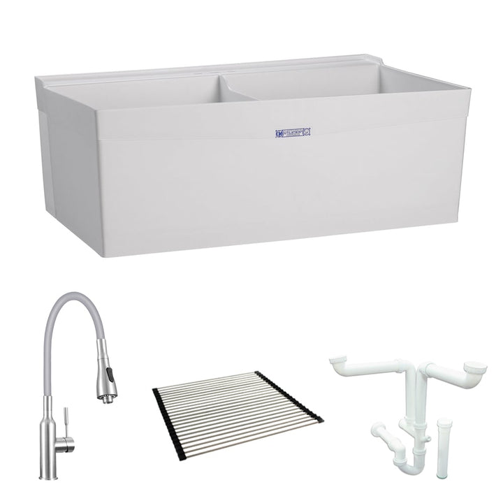 Mustee 2-Basin White Wall Mount Laundry Sink with Drain & Faucet