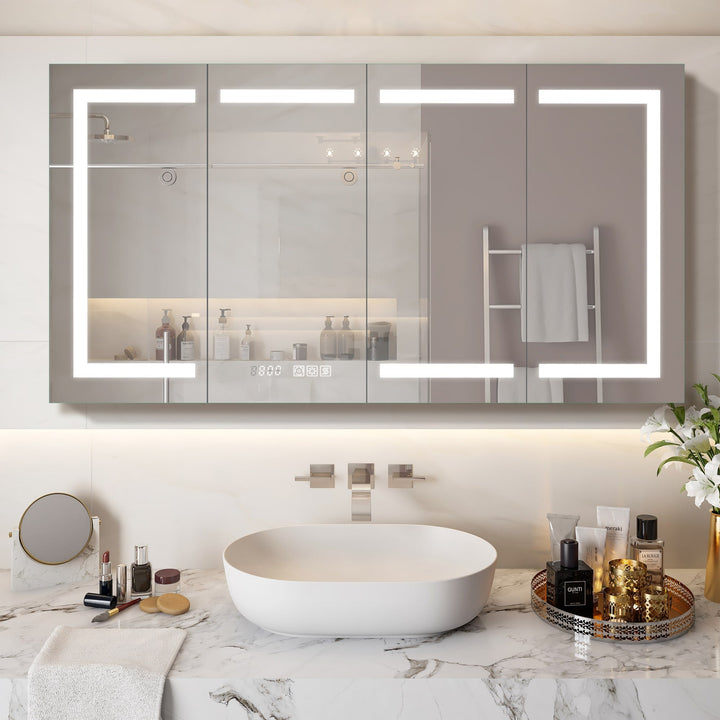 WELLFOR EX4 60-in x 32-in Lighted LED Fog Free Surface/Recessed Mount Silver Mirrored Soft Close Medicine Cabinet with Outlet
