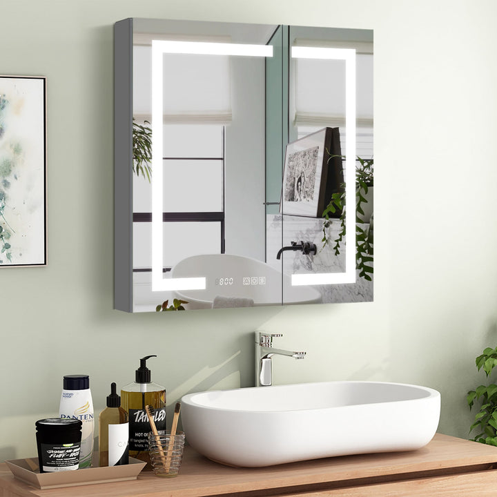WELLFOR EX4 30-in x 32-in Lighted LED Fog Free Surface/Recessed Mount Silver Mirrored Soft Close Medicine Cabinet with Outlet