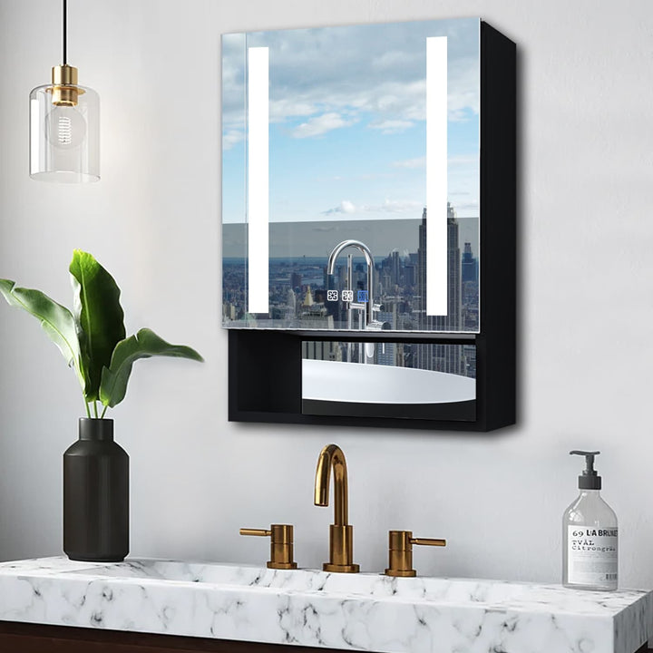 WELLFOR EX5 24-in x 32-in Lighted LED Fog Free Surface/Recessed Mount Black Mirrored Soft Close Medicine Cabinet with Outlet