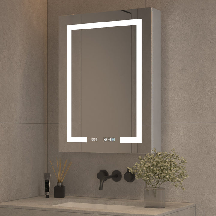 ExBrite 24-in x 32-in Lighted LED Fog Free Surface/Recessed Mount Silver Mirrored Soft Close Medicine Cabinet with Outlet
