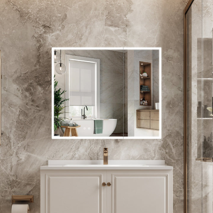 WELLFOR ELIN 36-in x 30-in Lighted LED Fog Free Surface/Recessed Mount Silver Mirrored Soft Close Medicine Cabinet with Outlet