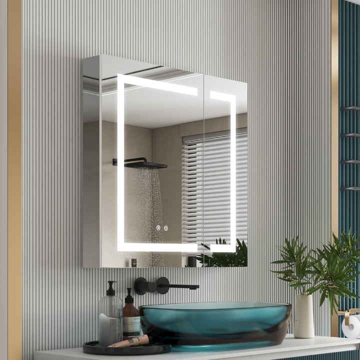 WELLFOR NIKA 30-in x 30-in Lighted LED Fog Free Surface/Recessed Mount Silver Mirrored Soft Close Medicine Cabinet with Outlet