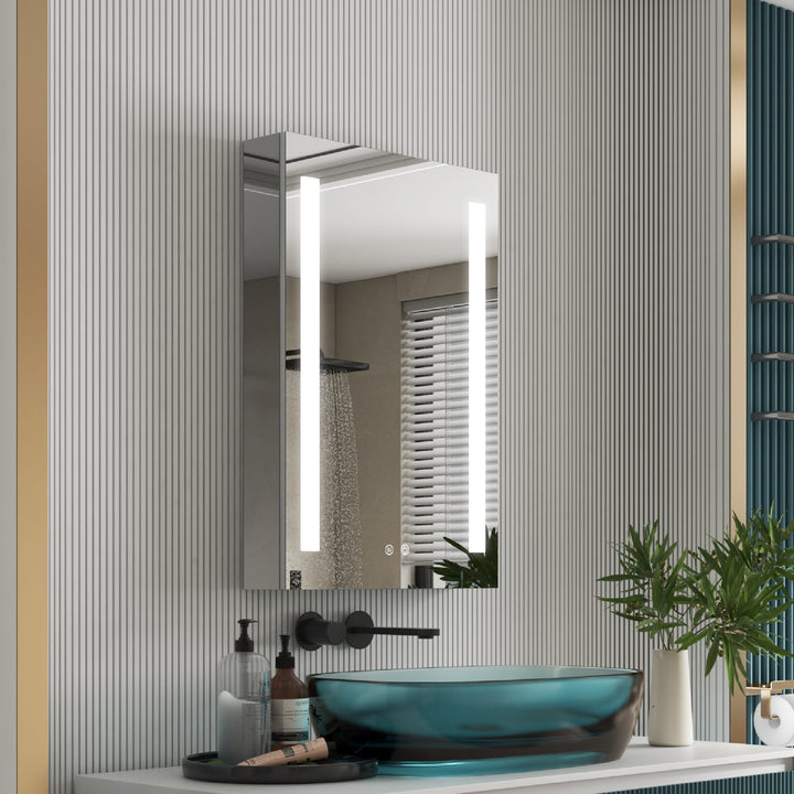 WELLFOR VICK 20-in x 30-in Lighted LED Fog Free Surface/Recessed Mount Silver Mirrored Soft Close Medicine Cabinet with Outlet