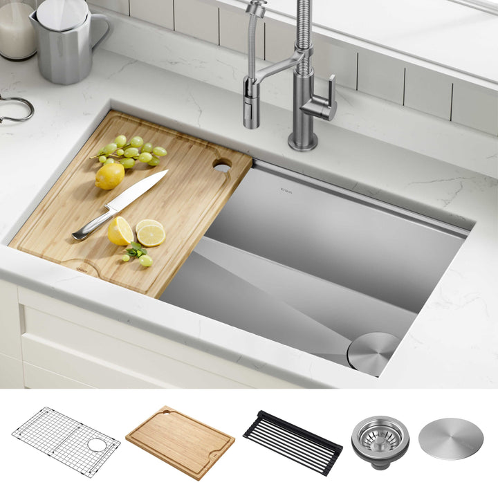 Kraus Kore Workstation 32-in x 19-in Stainless Steel Single Bowl Undermount Kitchen Sink All-in-One Kit