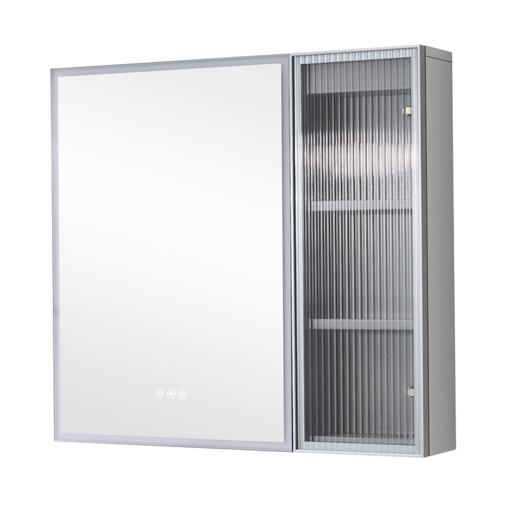 Forclover 30-in x 28-in Lighted LED Fog Free Surface Mount Gray Mirrored Soft Close Medicine Cabinet with Outlet