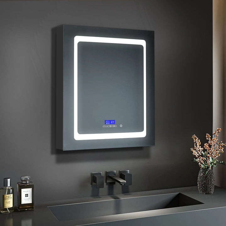 Lexora Bracciano 24-in x 36-in Lighted LED Fog Free Surface Mount Gray Mirrored Soft Close Medicine Cabinet
