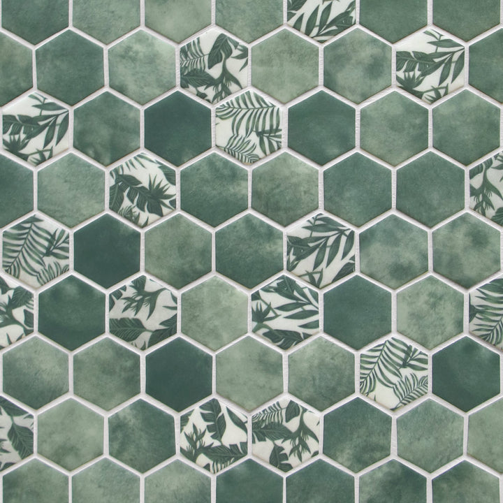 SUNWINGS Honeycomb Concret Green 10-in x 12-in Matte Recycled glass Marble look Hexagon Mosaic Floor and Wall Tile product image