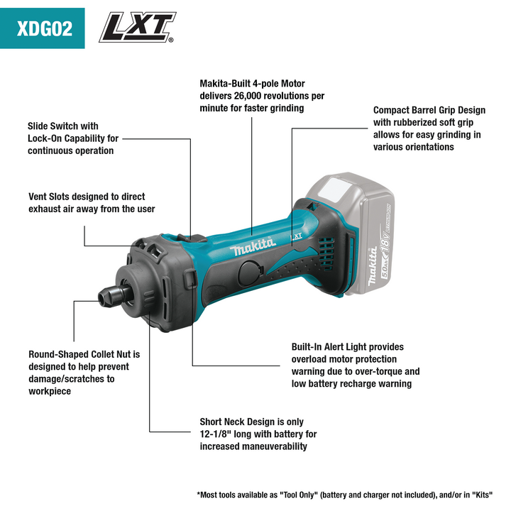 Makita 18V LXT Lithium‑Ion Cordless 1/4 in. Compact Die Grinder, Tool Only (XDG02Z)