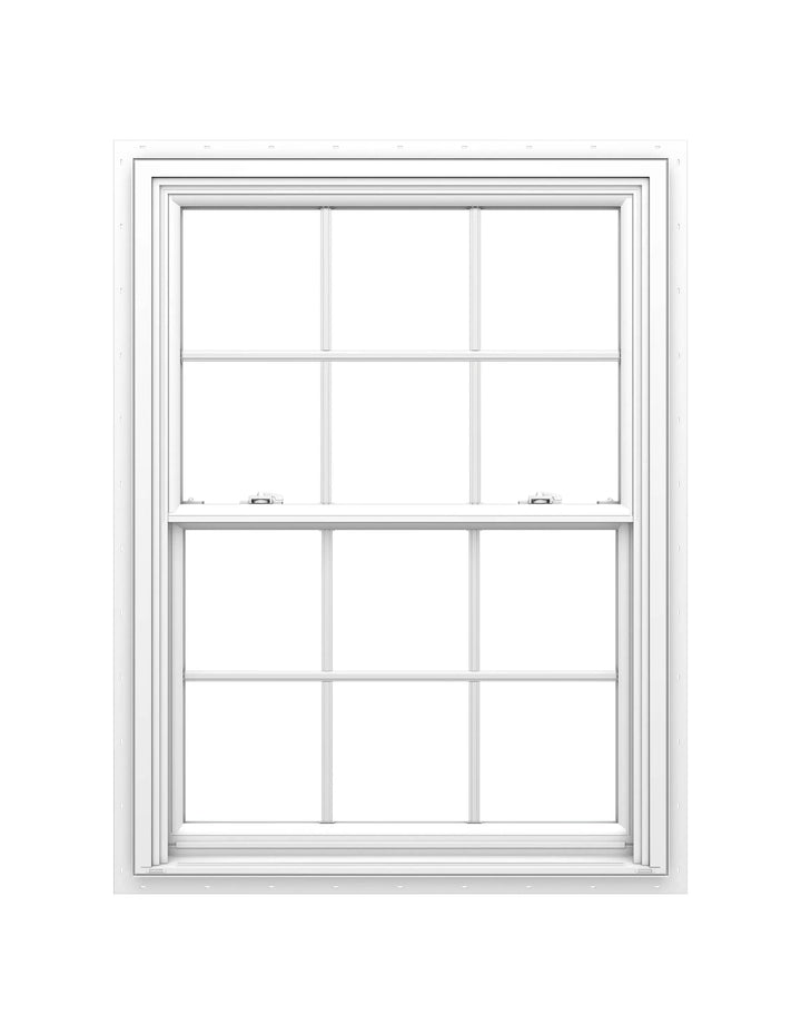 Pella 150 Series New Construction 47-1/2-in x 35-1/2-in White Vinyl Low‑E Argon Double-Hung Window with Grids, Full Screen Included