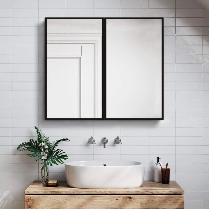 Forclover 30-in x 26-in Surface/Recessed Mount Black Mirrored Medicine Cabinet