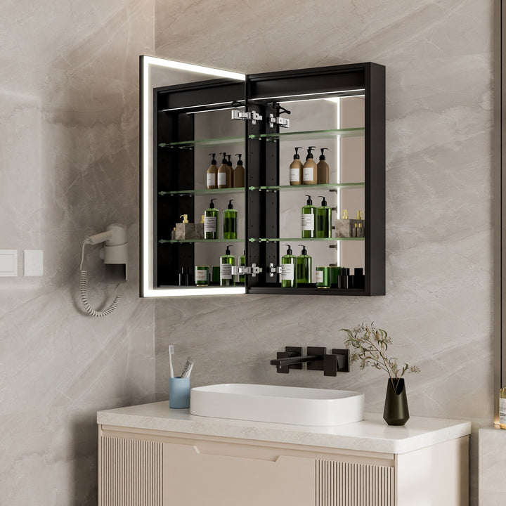 WELLFOR 20-in x 30-in Lighted LED Fog Free Surface/Recessed Mount Black Mirrored Soft Close Medicine Cabinet with Outlet