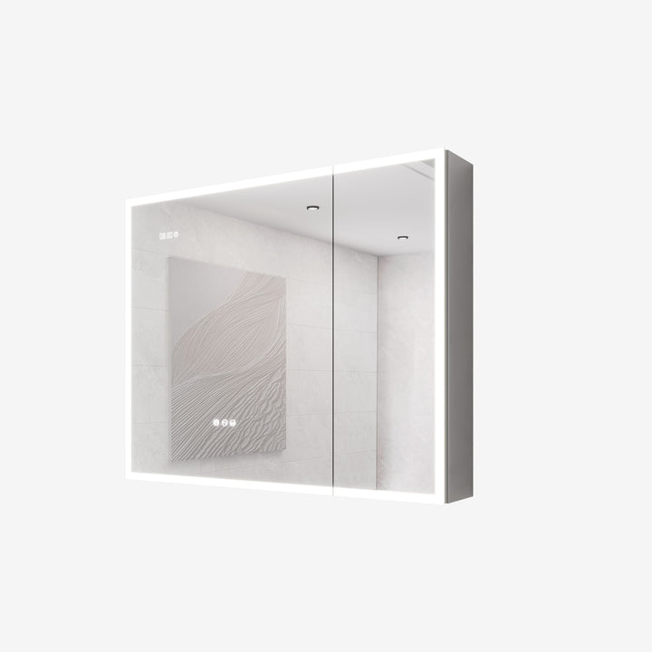 WELLFOR 36-in x 30-in Lighted LED Fog Free Surface Mount Silver Mirrored Soft Close Medicine Cabinet with Outlet