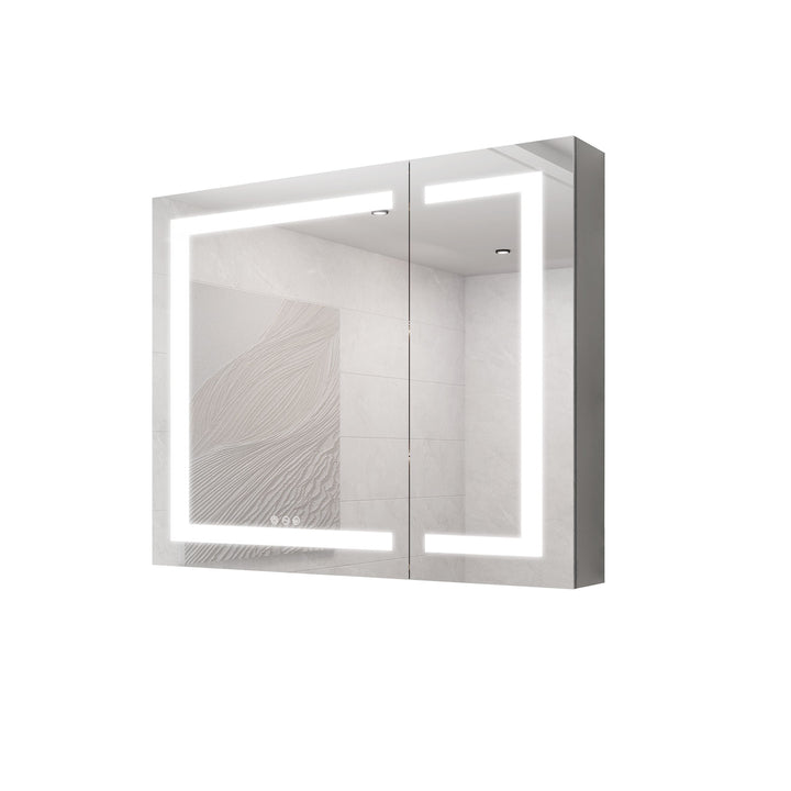 WELLFOR 36-in x 30-in Lighted LED Fog Free Surface Mount Silver Mirrored Soft Close Medicine Cabinet