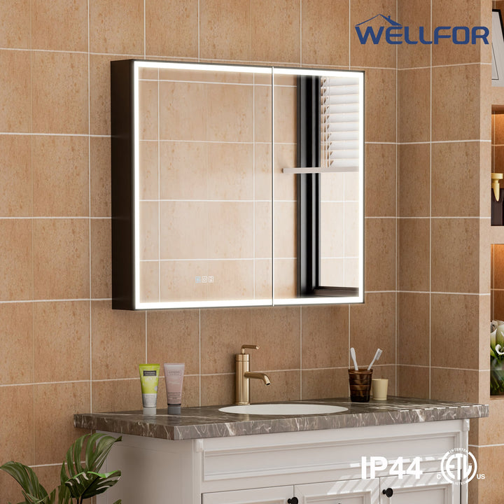 WELLFOR AYLA 36-in x 30-in Lighted LED Fog Free Surface/Recessed Mount Black Soft Close Medicine Cabinet with Outlet