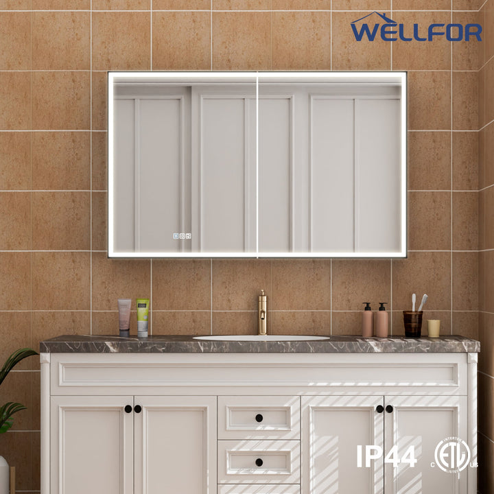WELLFOR AYLA 48-in x 30-in Lighted LED Fog Free Surface/Recessed Mount Black Soft Close Medicine Cabinet with Outlet