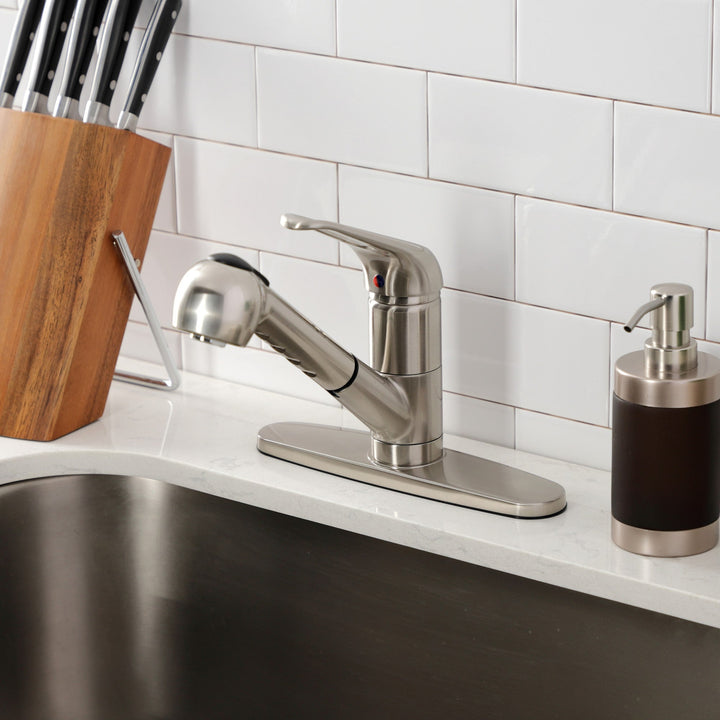 Elements of Design Daytona Brushed Nickel 1-Handle Deck-Mount Pull-Out Kitchen Faucet with Deck Plate