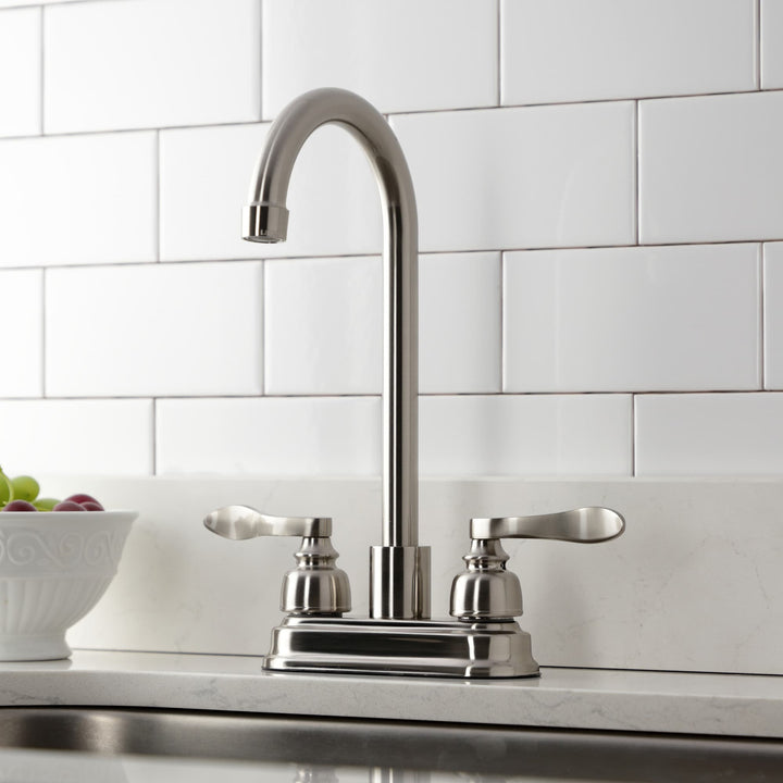 Elements of Design NuWave French Brushed Nickel 2‑Handle Deck‑Mount High‑Arc Kitchen Faucet with Deck Plate
