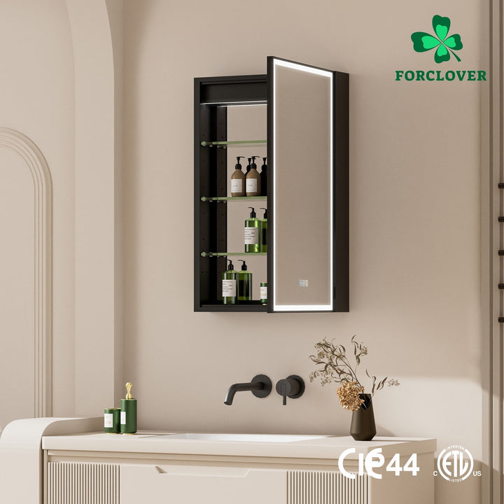 Forclover 20-in x 30-in Lighted LED Fog Free Surface/Recessed Mount Black Mirrored Soft Close Medicine Cabinet with Outlet