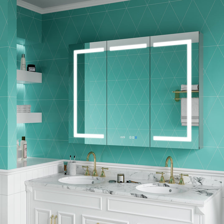 ExBrite Ethos 48-in x 36-in Lighted LED Fog Free Surface/Recessed Mount Silver Mirrored Soft Close Medicine Cabinet with Outlet