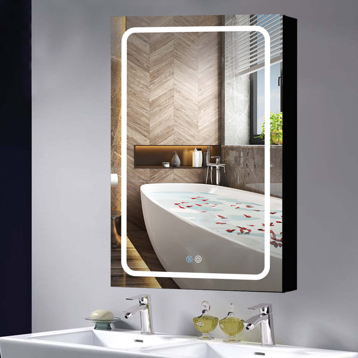 AAZJ 30x30 Inch LED Bathroom Medicine Cabinet Surface Mount Double Door Lighted Medicine Cabinet, Medicine Cabinets for Bathroom with Mirror Defogging Dimmer Black