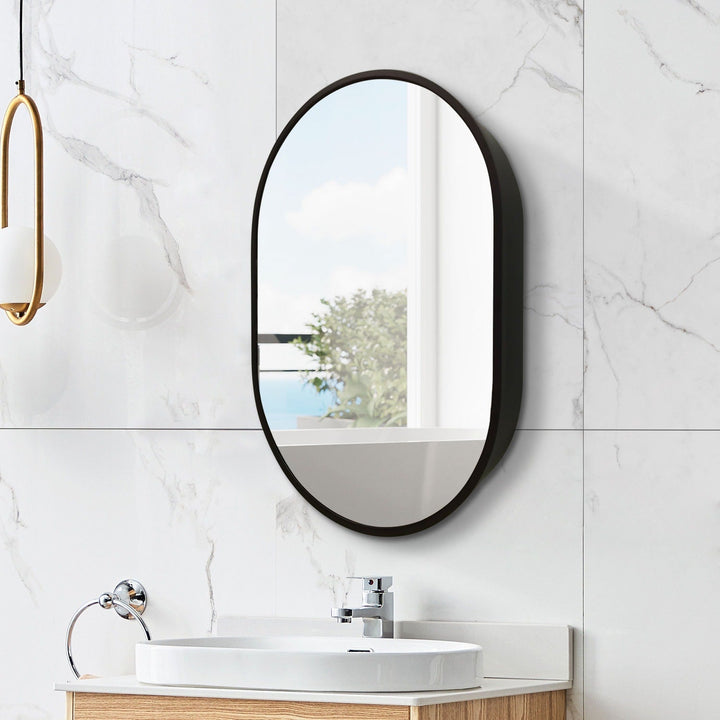 WELLFOR 24-in x 36-in Surface Mount Black Mirrored Oval Medicine Cabinet