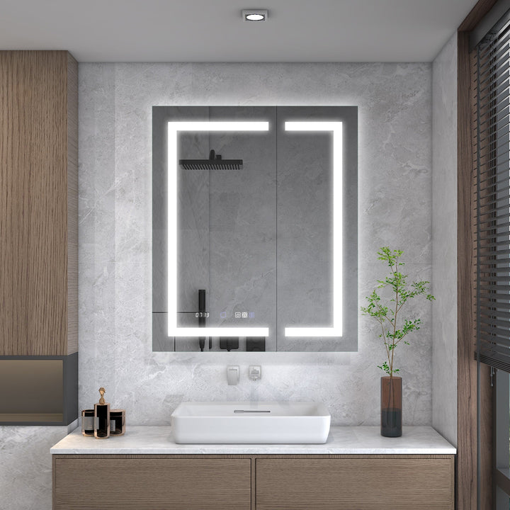 WELLFOR 30-in x 36-in Lighted LED Fog Free Surface/Recessed Mount Silver Mirrored Soft Close Medicine Cabinet with Outlet