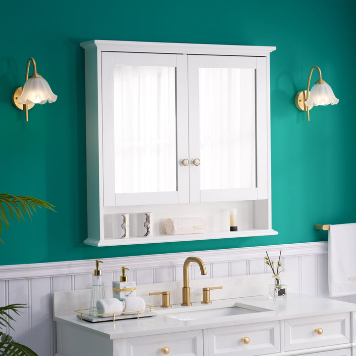 WELLFOR GRACE Solid Wood 36-in x 34-in Surface Mount White Mirrored Soft Close Medicine Cabinet
