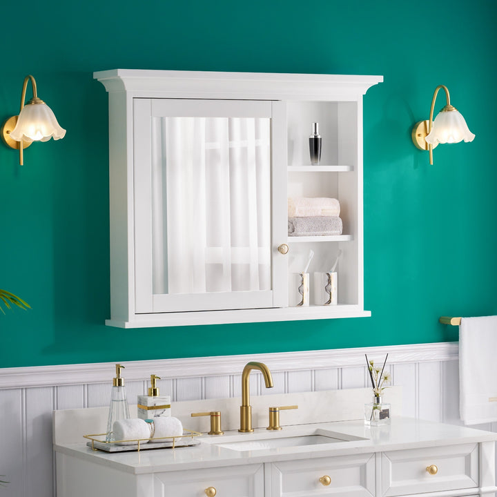 WELLFOR GRACE Solid Wood 36-in x 30-in Surface Mount White Mirrored Soft Close Medicine Cabinet