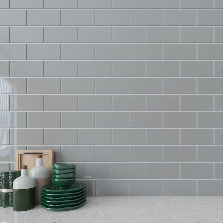 Giorbello Classic Premium True Gray 3-in x 6-in Glossy Glass Subway Wall Tile (5-sq. ft/ Carton)