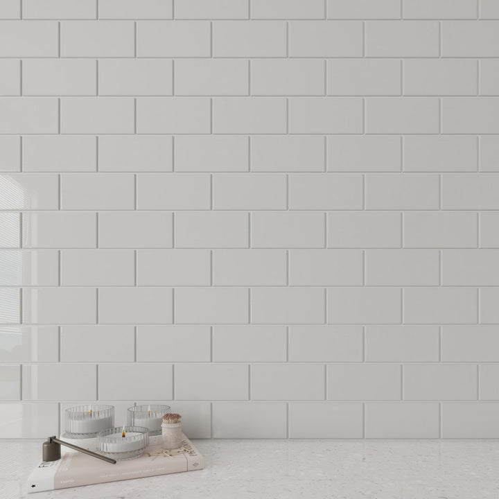 Giorbello Classic Premium Light Gray 3-in x 6-in Glossy Glass Subway Wall Tile (5-sq. ft/ Carton)