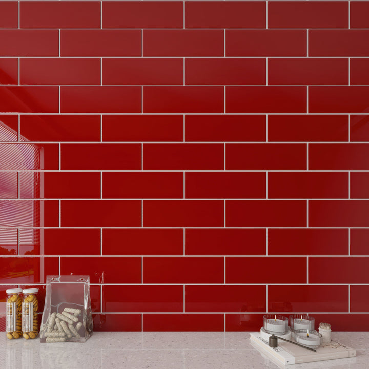 Giorbello Classic Premium Glass Subway Ruby Red 4-in x 12-in Glossy Glass Subway Wall Tile (5-sq. ft/ Carton)