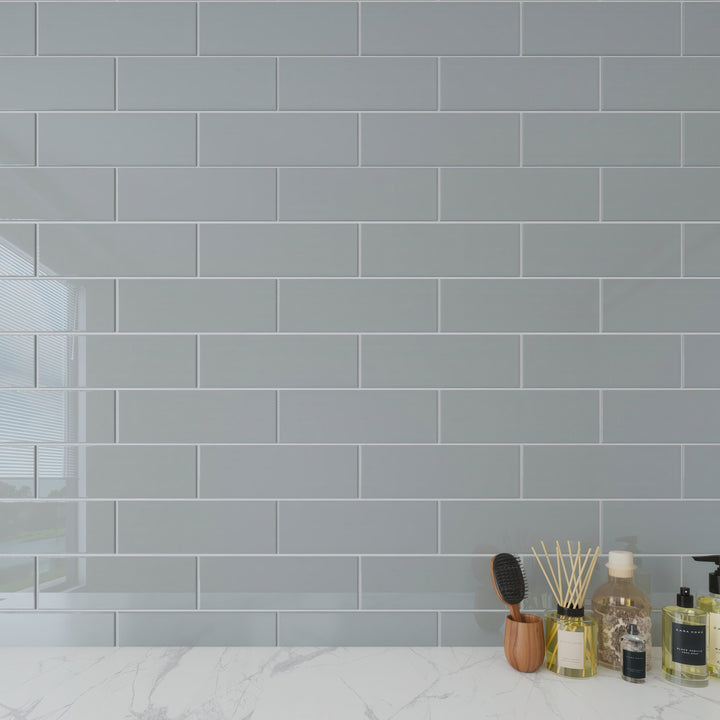 Giorbello Classic Premium True Gray 4-in x 12-in Glossy Glass Subway Wall Tile (5-sq. ft/ Carton)