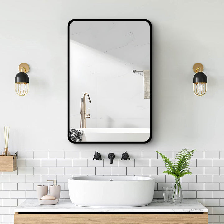 WELLFOR AO 24-in x 30-in Surface Mount Black Mirrored Medicine Cabinet