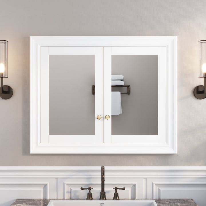 WELLFOR GRACE Solid Wood 40-in x 32-in Recessed Mount White Mirrored Soft Close Medicine Cabinet